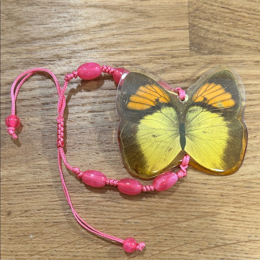 Pink Beaded Bracelet with real preserved yellow Butterfly vintage 2008